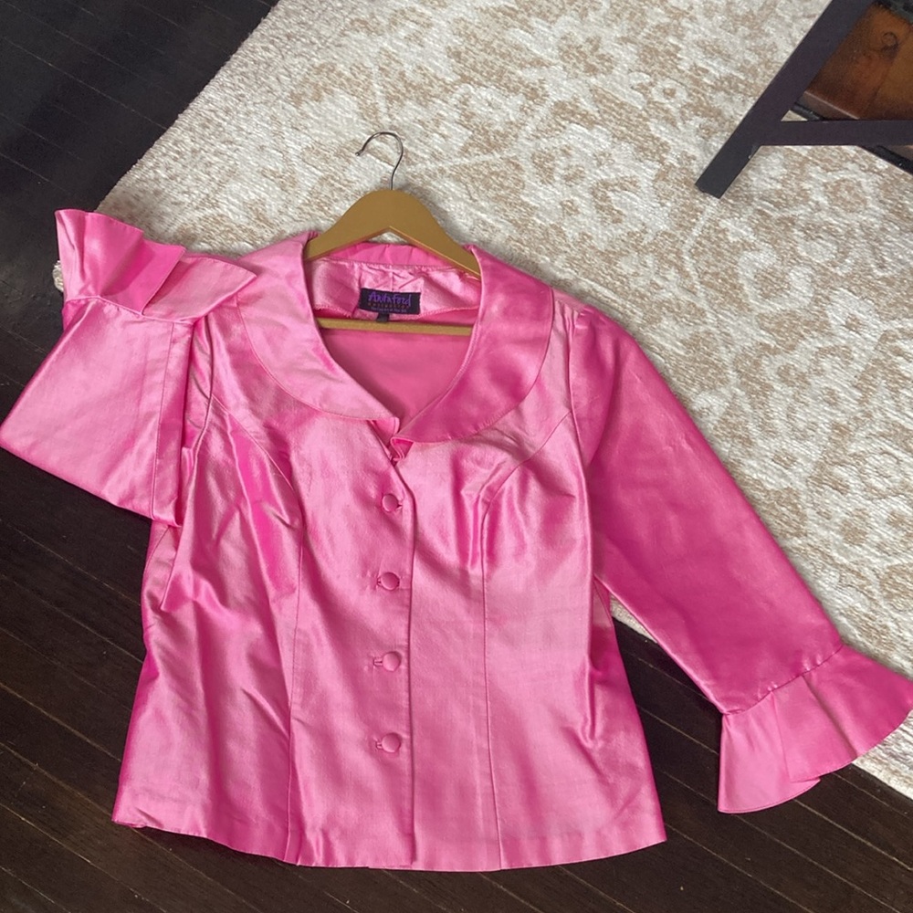VTG Anita Ford Thai Art Silk 100% Button Down Blazer 3/4 Flutter Bell Sleeve M